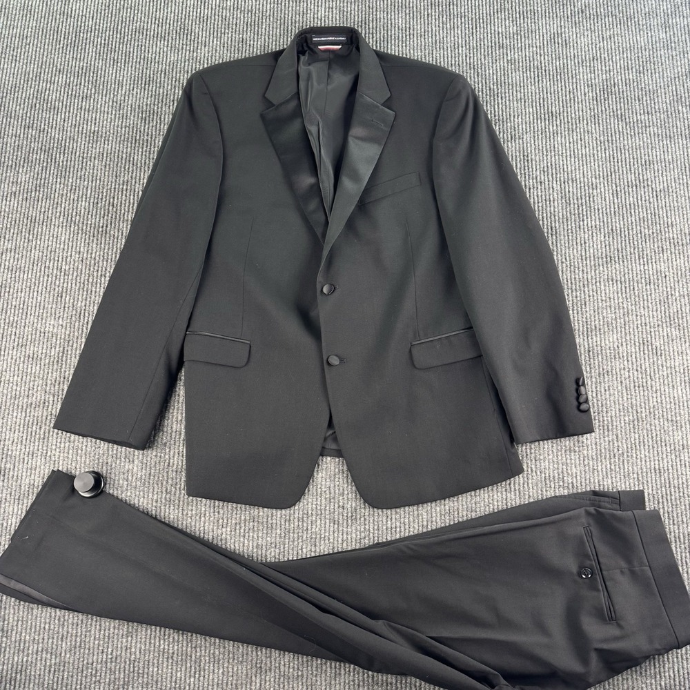 Tommy Hilfiger Tuxedo 44R Black Wool Wedding Formal Jackets Pants Set 36x30